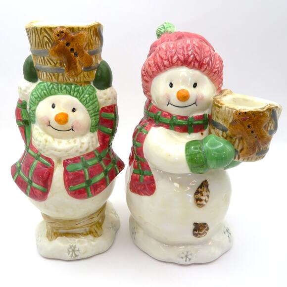 BICO Snowman Candleholder Set Christmas Ceramic Plaid Winter Decor 6 Inch Pair - Picture 1 of 12